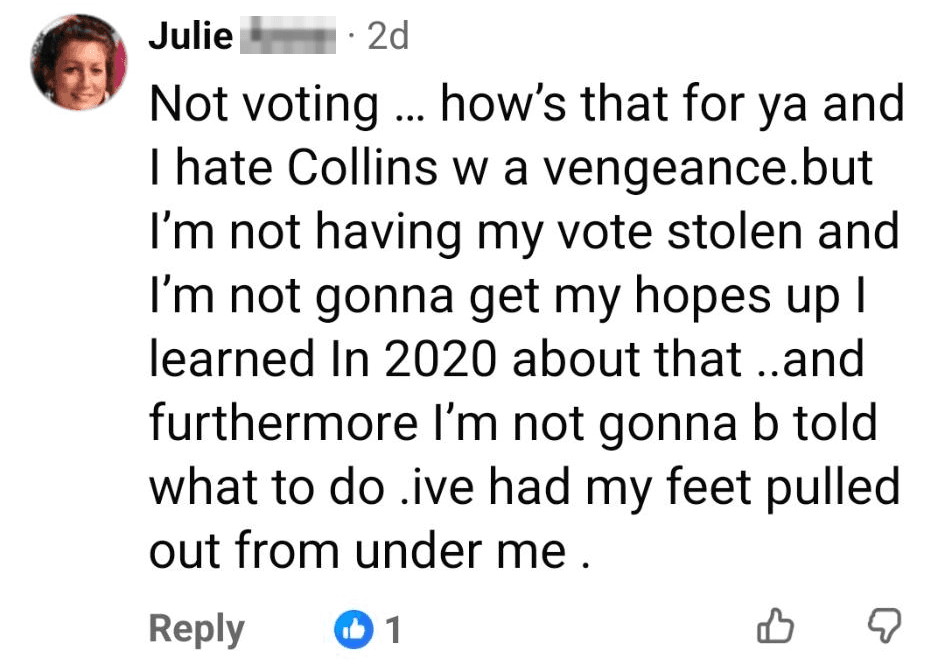 Facebook comment reading: Not voting … how's that for ya and I hate Collins w a vengeance. but I'm not having my vote stolen.