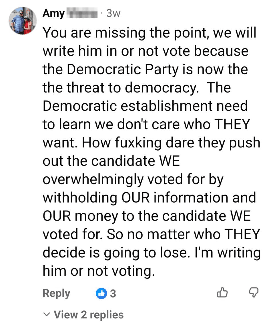 Facebook comment reading: we will write him in or not vote … So no matter who THEY decide is going to lose. I'm writing him or not voting.