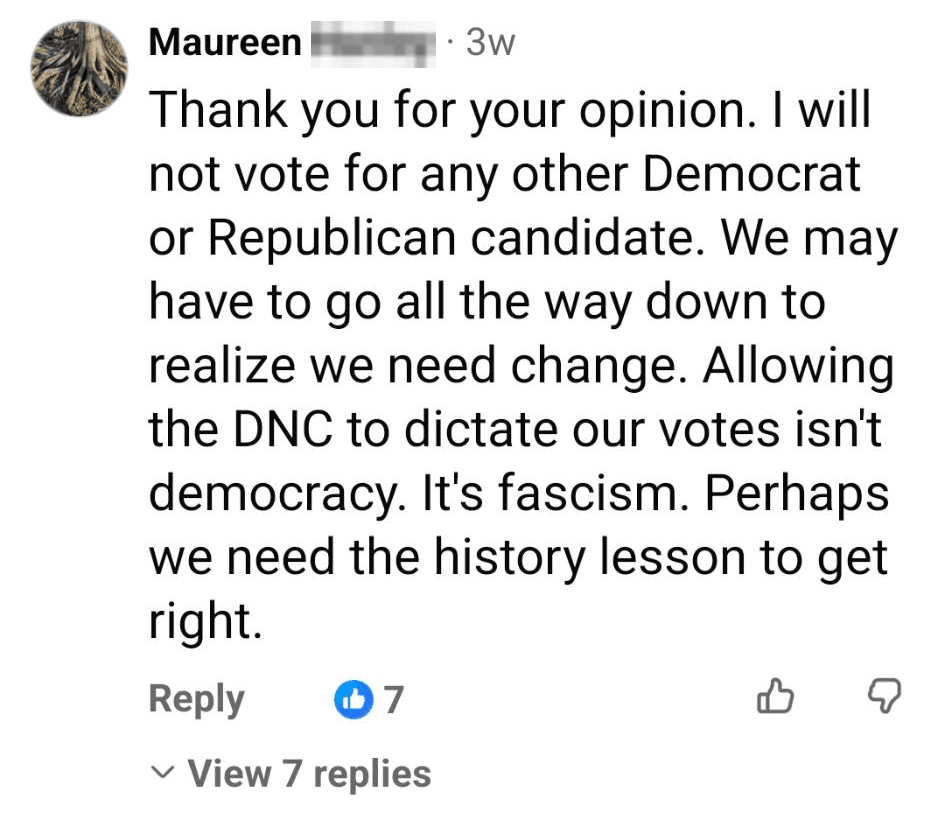 Facebook comment reading: I will not vote for any other Democrat or Republican candidate. We may have to go all the way down to realize we need change.