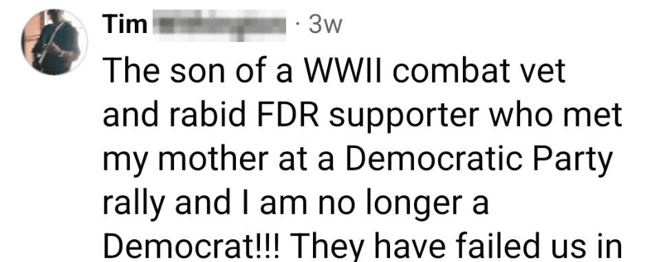 Facebook comment reading: … met my mother at a Democratic Party rally and I am no longer a Democrat!!! They have failed us in total!!!