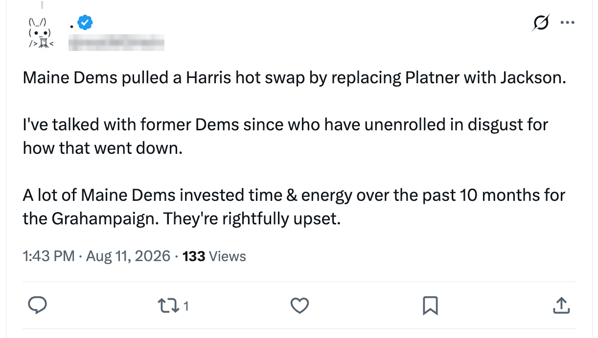 Post on X reading: I've talked with former Dems since who have unenrolled in disgust for how that went down.
