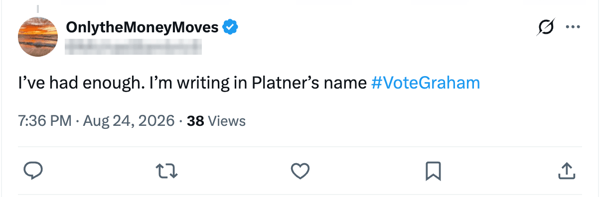 Post on X reading: I've had enough. I'm writing in Platner's name