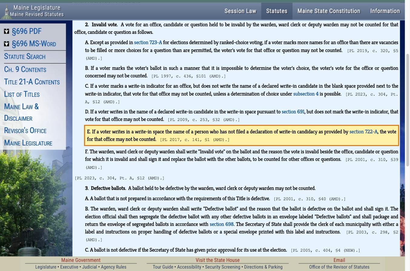 21-A M.R.S. section 696 subsection 2 paragraph E on the Maine Legislature website, highlighted.