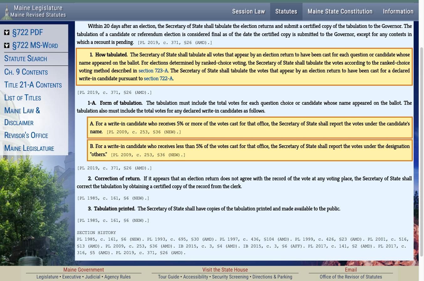 21-A M.R.S. section 722 subsections 1 and 1-A on the Maine Legislature website, highlighted.