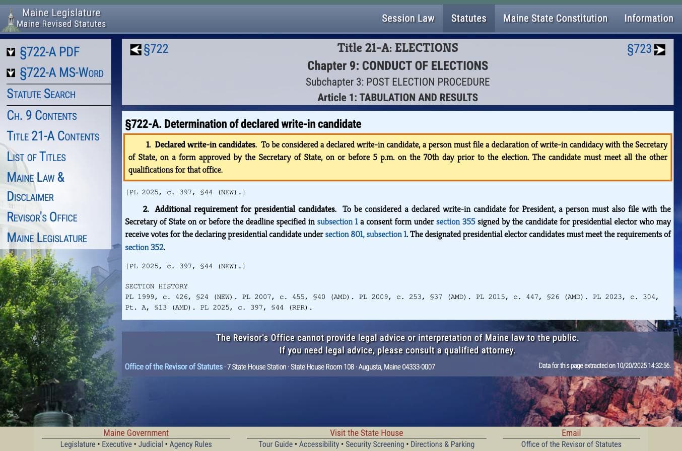 21-A M.R.S. section 722-A subsection 1 on the Maine Legislature website, highlighted.