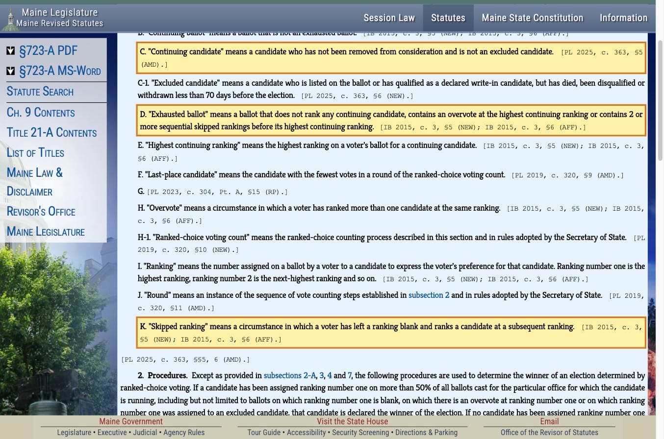 Definitions of continuing candidate, exhausted ballot and skipped ranking in 21-A M.R.S. section 723-A subsection 1, highlighted.