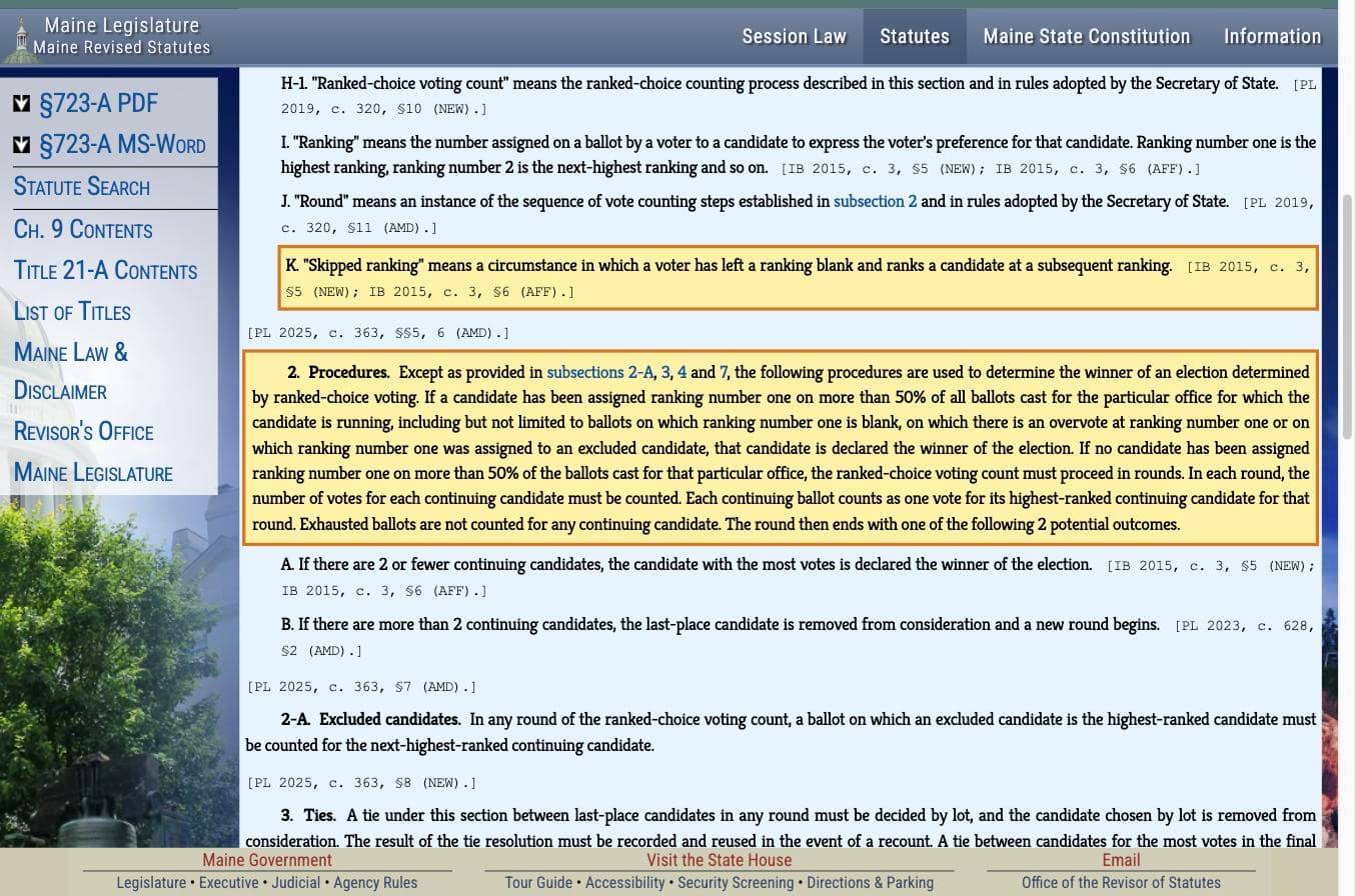 21-A M.R.S. section 723-A subsection 2, the ranked-choice procedures, highlighted.
