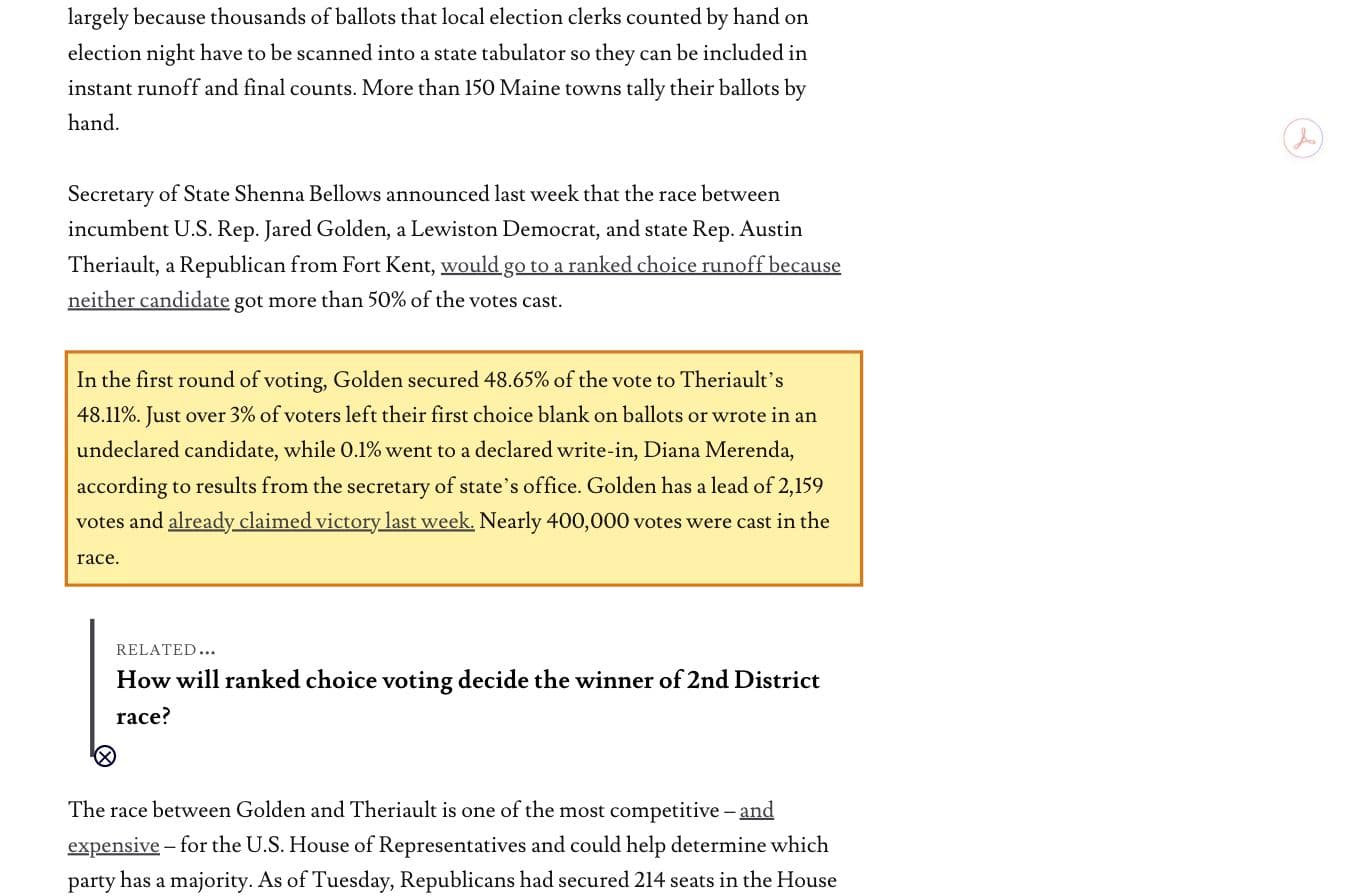 Portland Press Herald report on the 2024 CD2 ranked-choice runoff, showing undeclared write-ins grouped with blanks while a declared write-in is named.